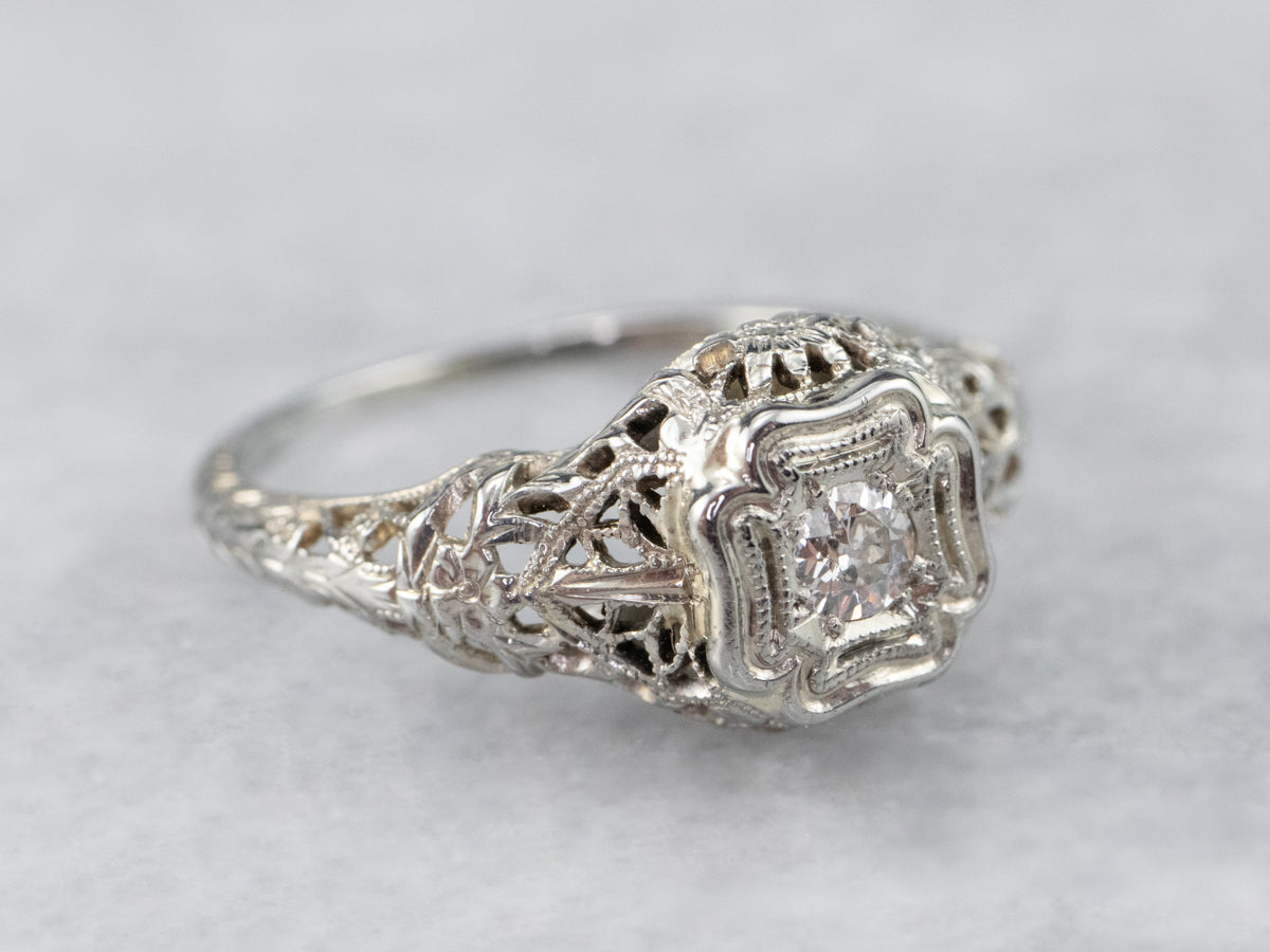 Art Deco Old Mine Cut Diamond Solitaire Engagement Ring