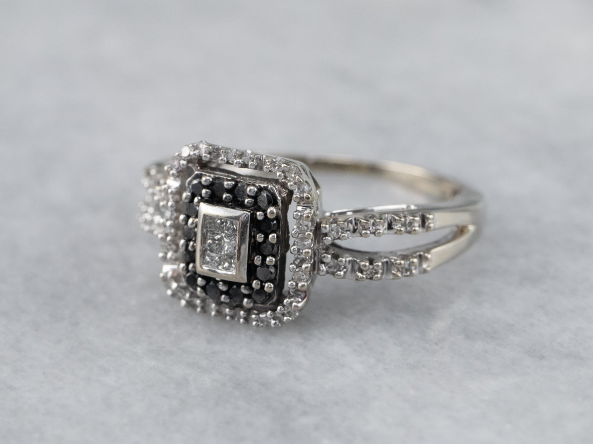 Black and White Diamond Halo Engagement Ring