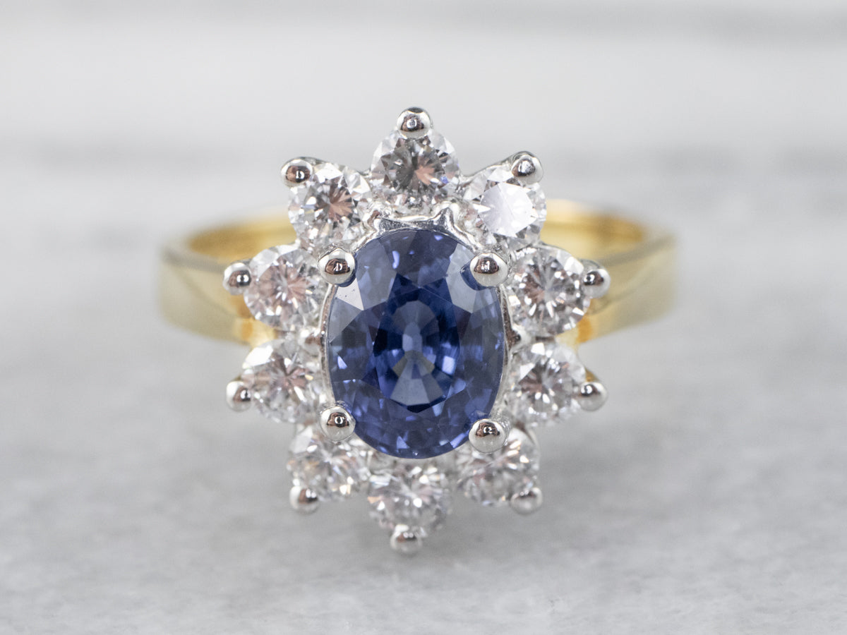 18K Gold and Platinum Sapphire Diamond Halo Ring