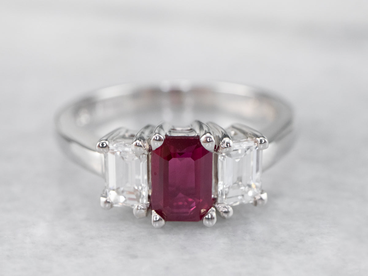 Emerald Cut Ruby and Diamond Ring