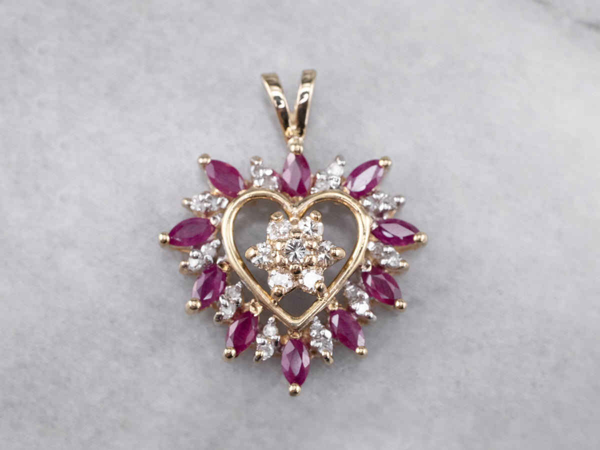 Floral Diamond and Ruby Heart Pendant