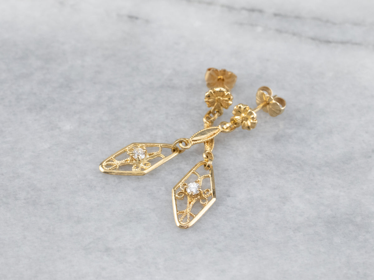 Floral Diamond Filigree Drop Earrings