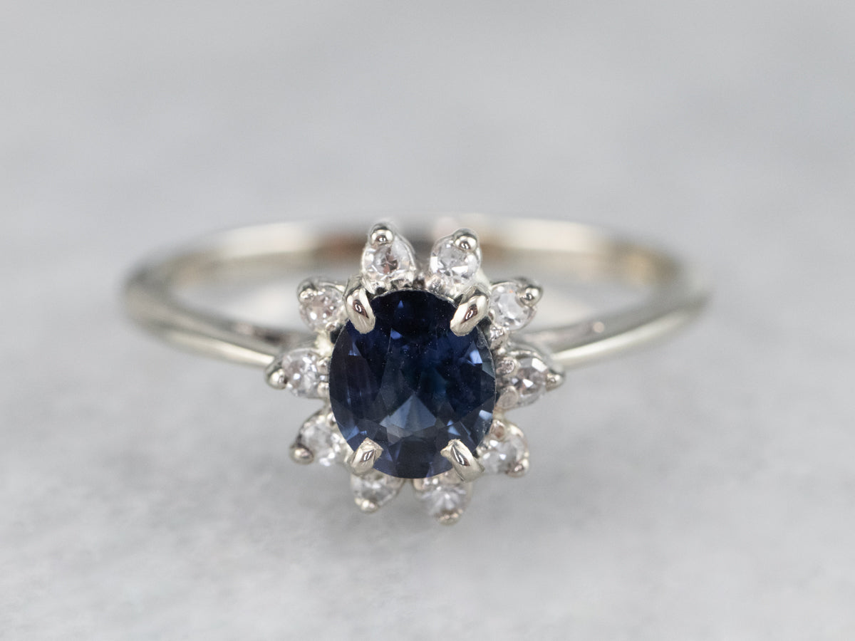 White Gold Sapphire Diamond Halo Ring