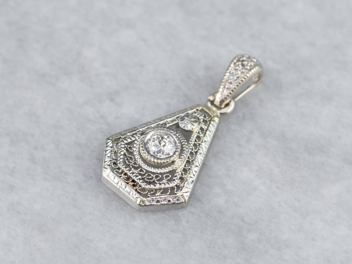 Art Deco Old Mine Cut Diamond Filigree Pendant