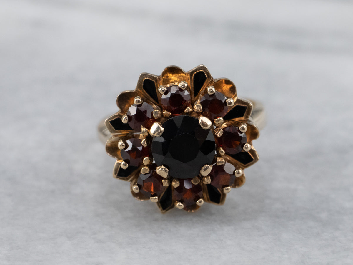 Vintage Garnet Black Enamel Halo Ring