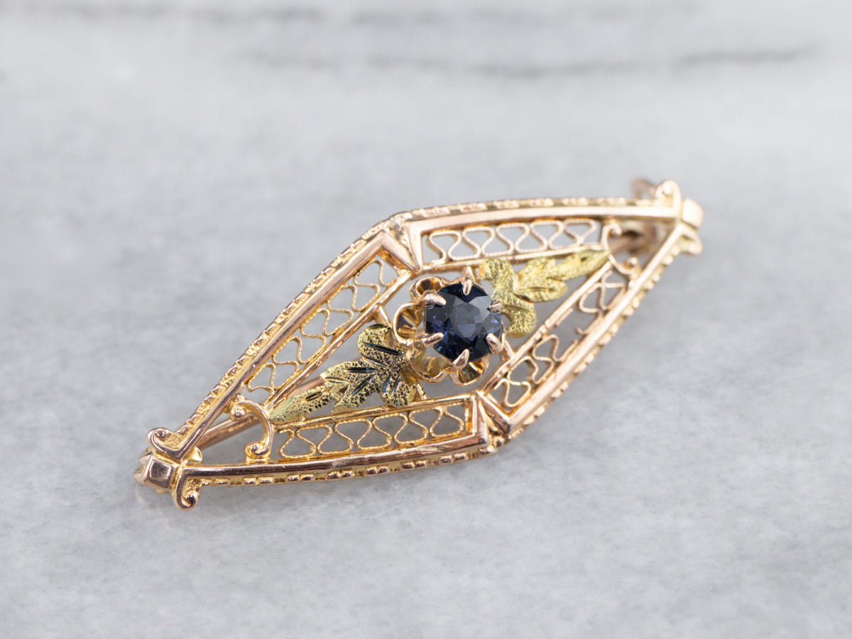 Two Tone Gold Art Nouveau Era Sapphire Pin