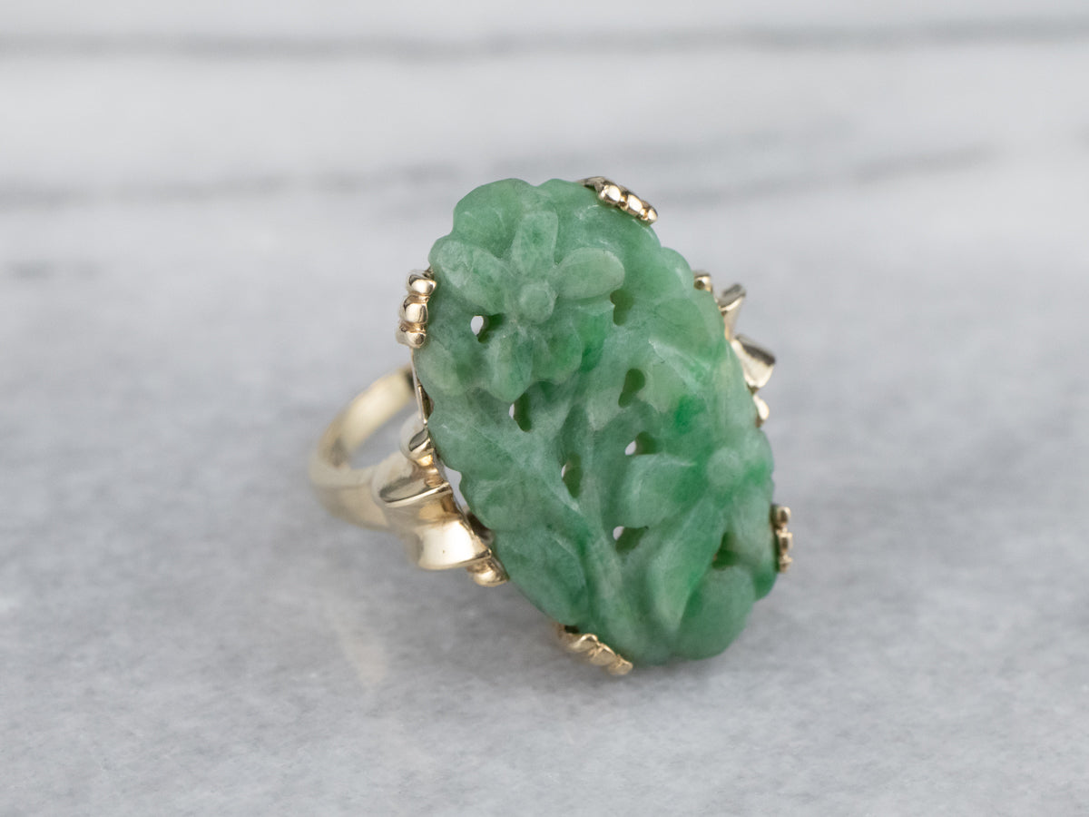 Vintage Carved Floral Jade Cocktail Ring