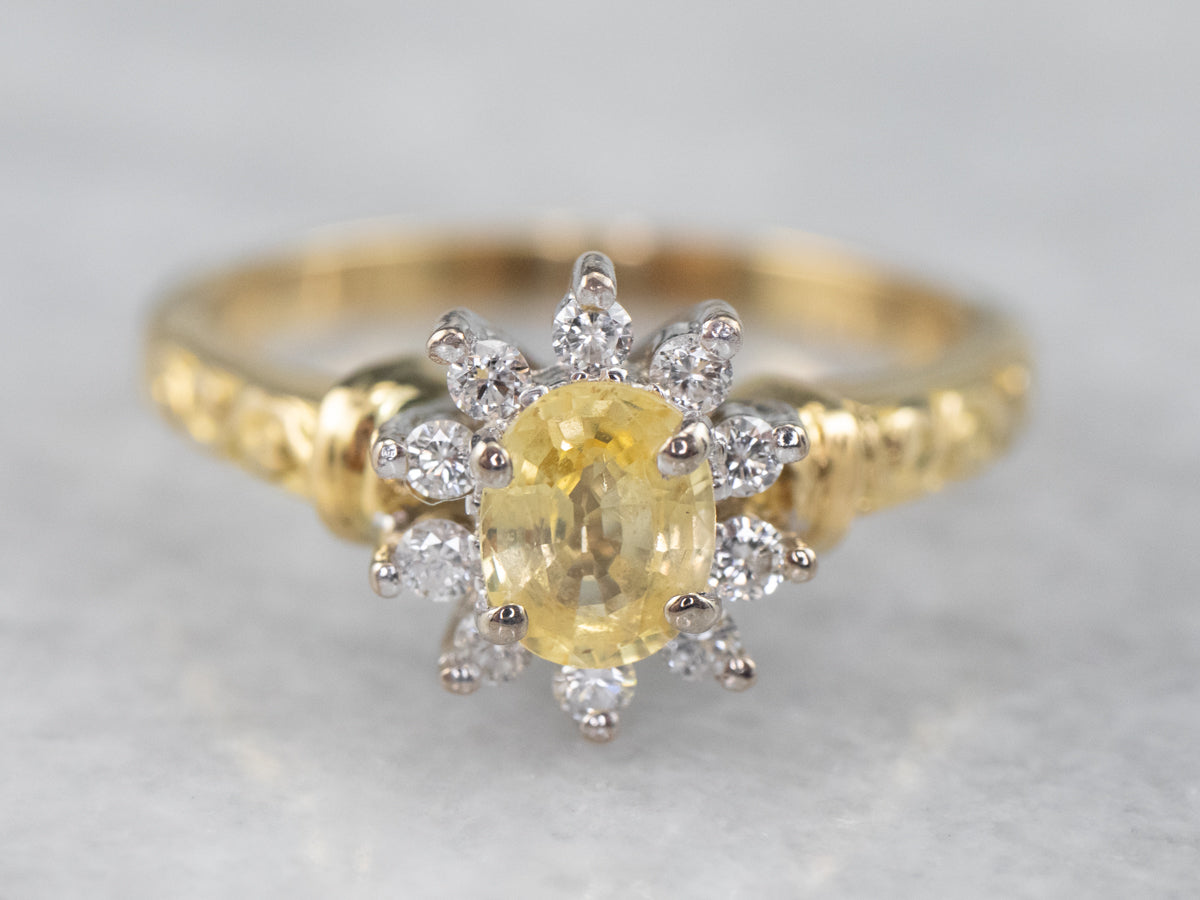 Yellow Sapphire and Diamond Halo Ring