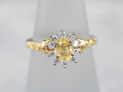 Yellow Sapphire and Diamond Halo Ring