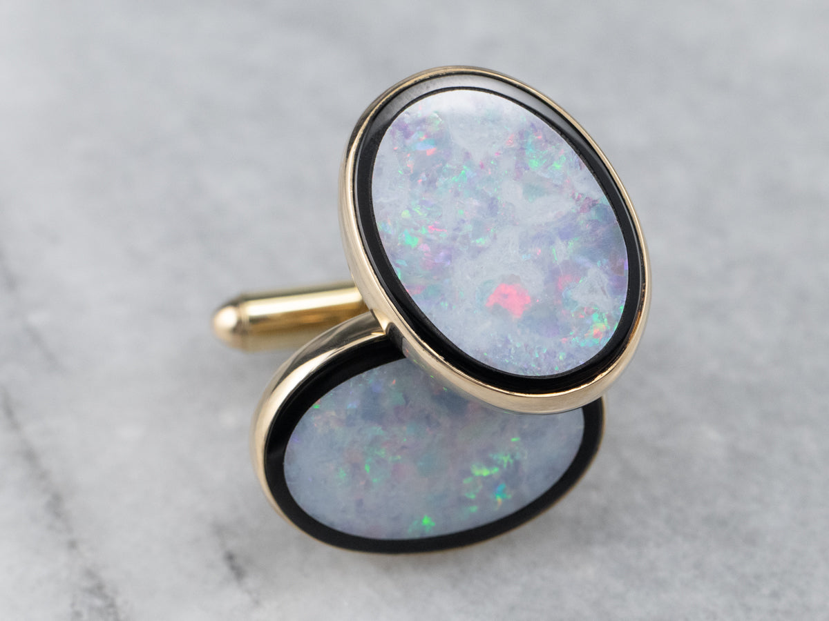 Gold Black Onyx and Opal Cufflinks