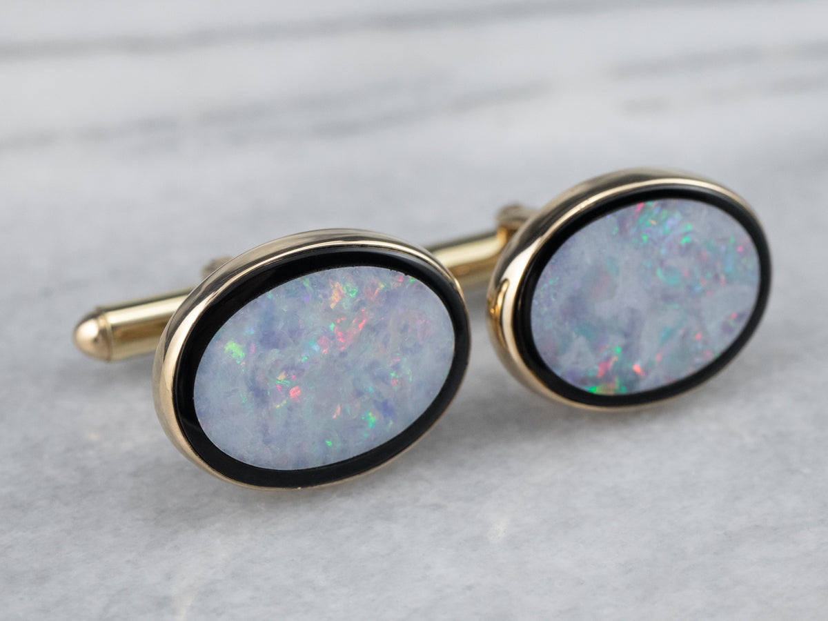 Gold Black Onyx and Opal Cufflinks