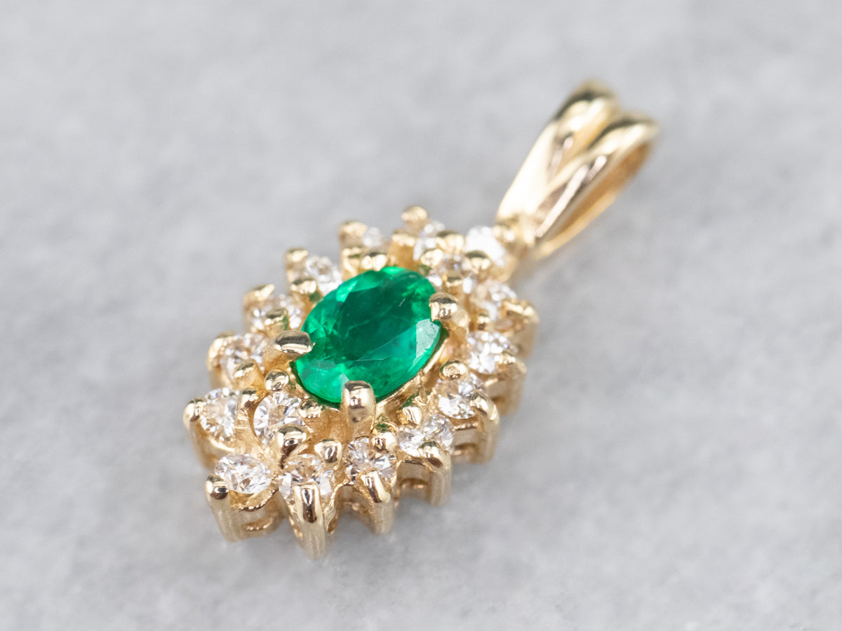 Gold Emerald and Diamond Halo Pendant