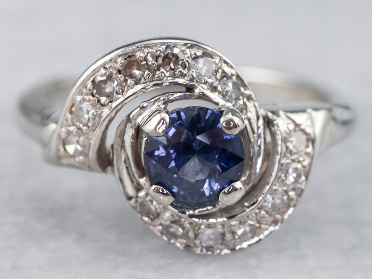 Retro Sapphire and Diamond Bypass Cocktail Ring