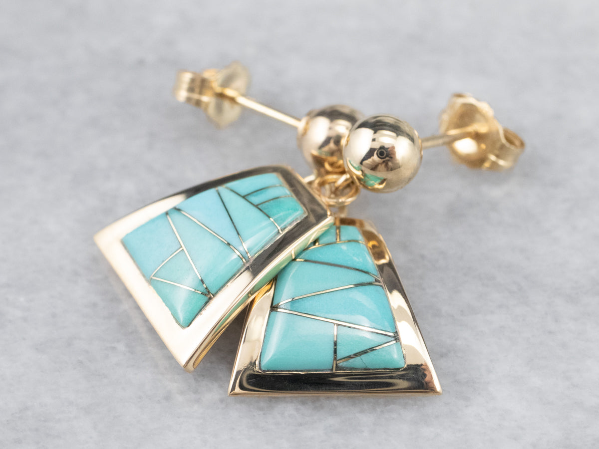 Turquoise Intarsia Drop Earrings in Yellow Gold