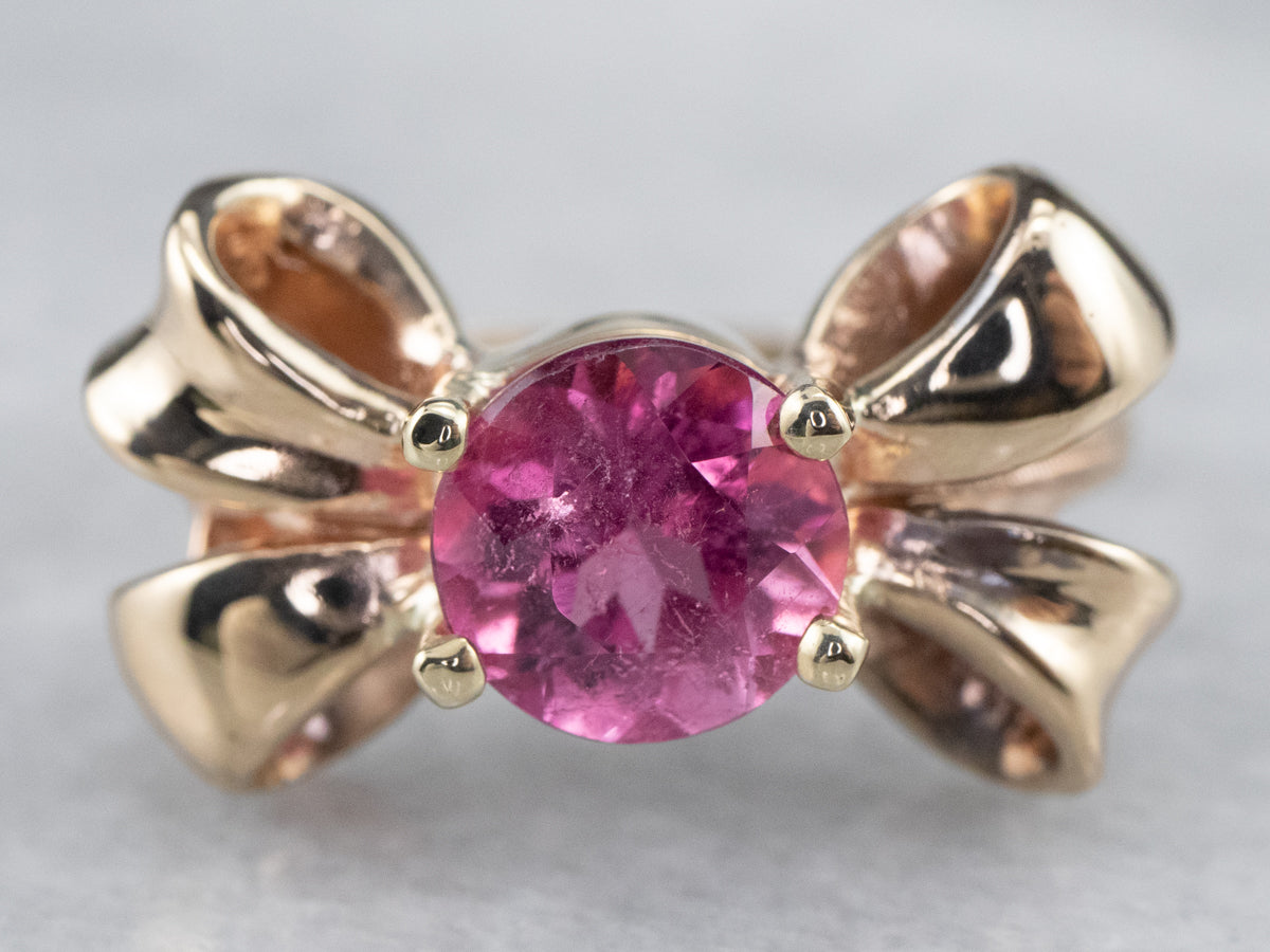 Anillo de lazo dorado de turmalina rosa vintage