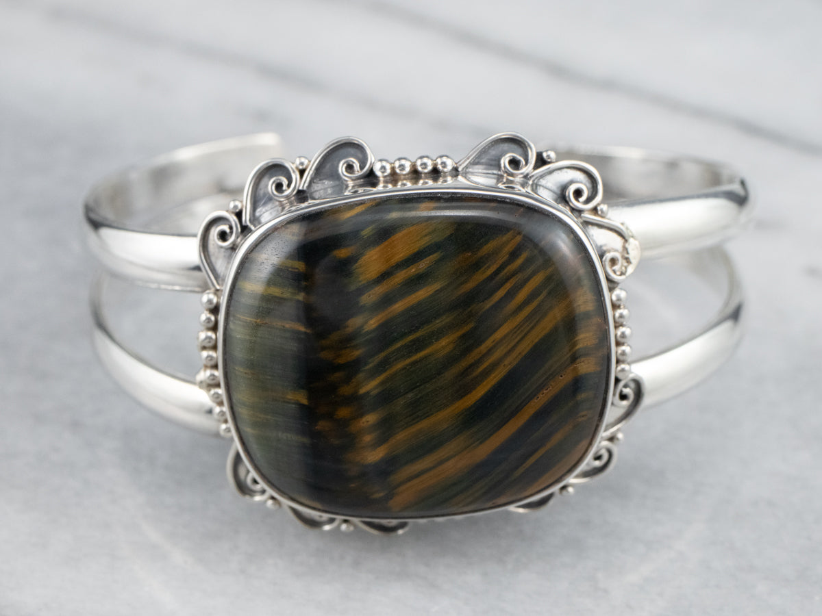 Sterling Silver Ornate Tigers Eye Cuff Bracelet