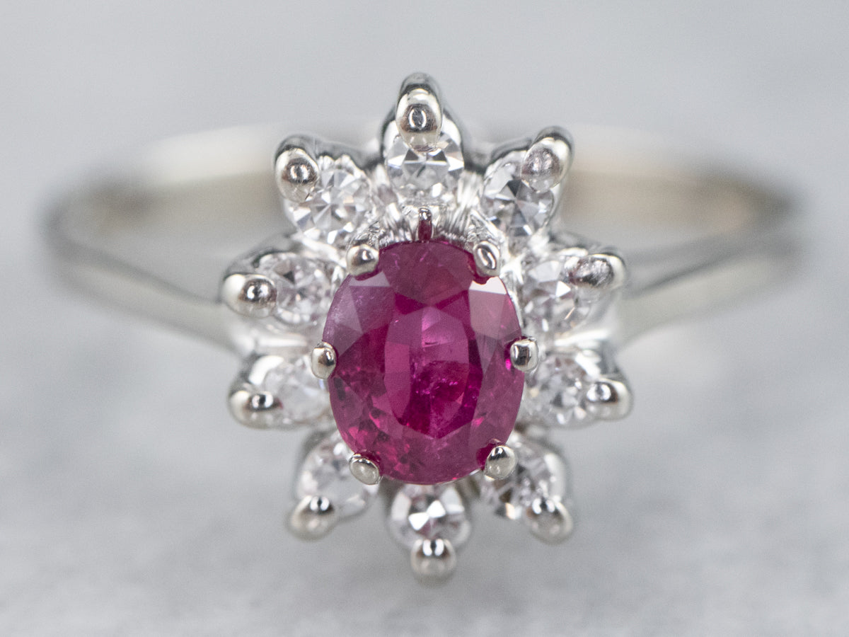 White Gold Ruby and Diamond Halo Ring