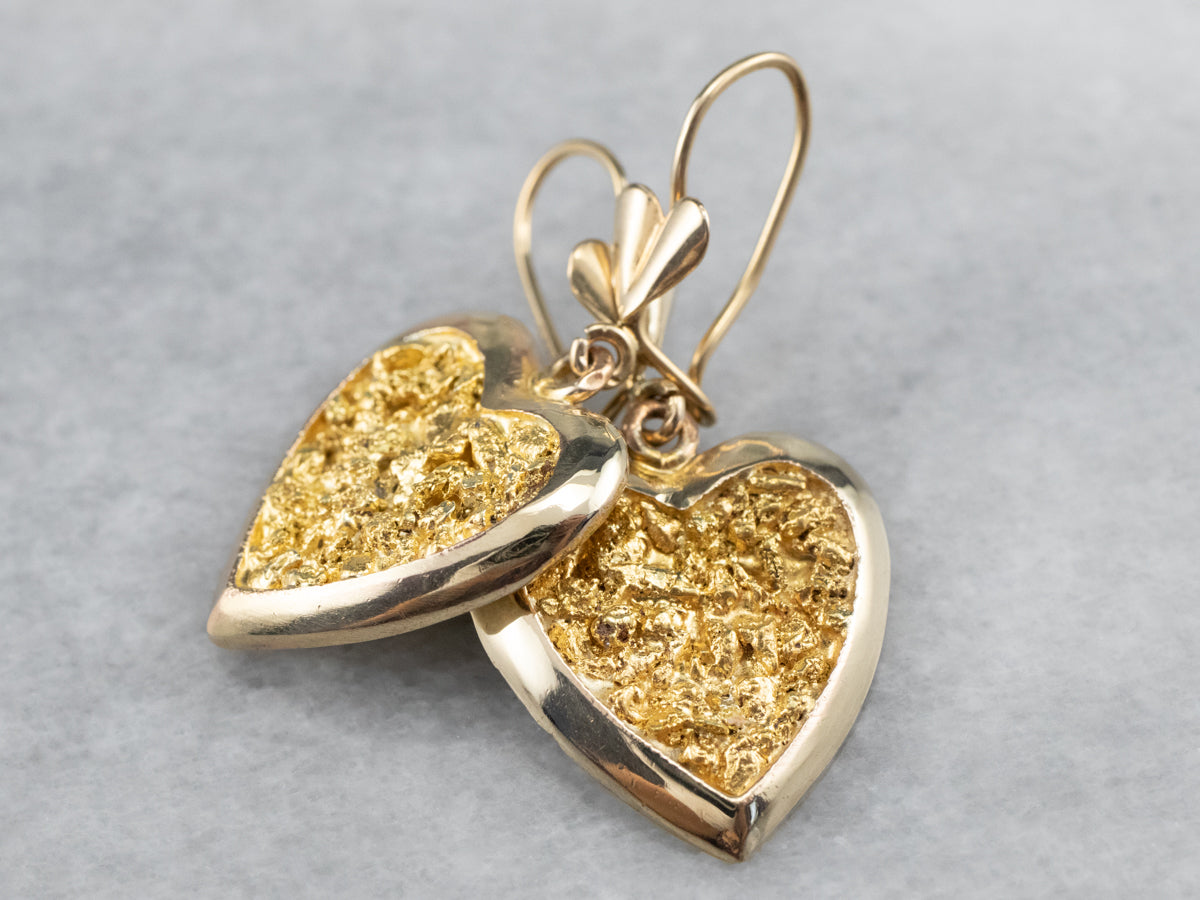 Gold Nugget Center Heart Drop Earrings