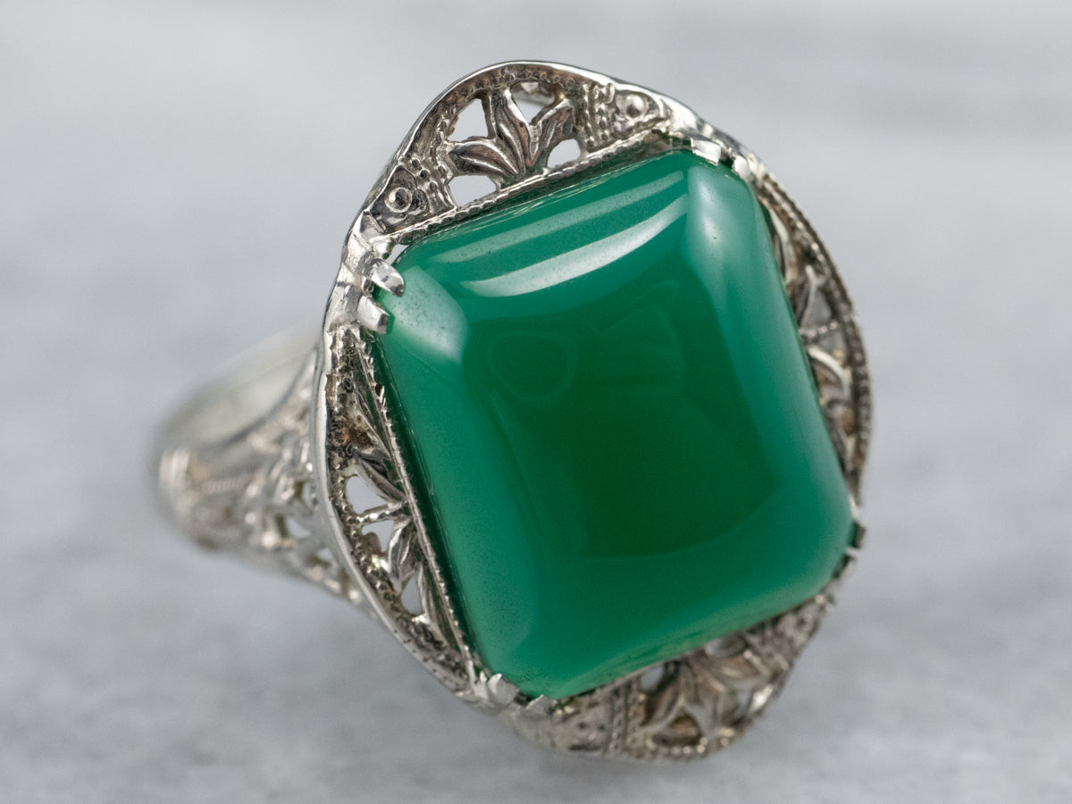 Art Deco Green Onyx Filigree Ring