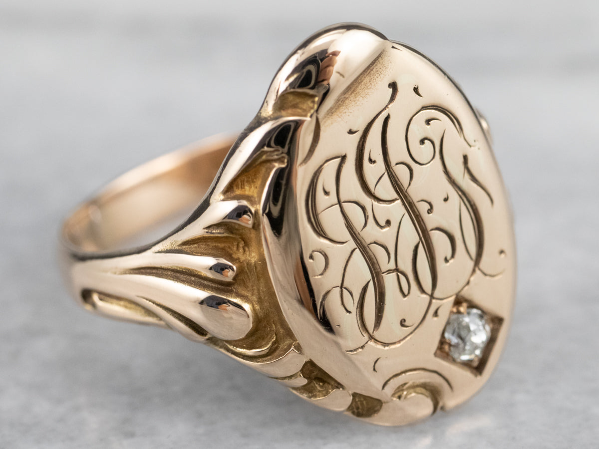 Unisex Victorian Gold and Diamond &quot;JJT&quot; Monogramed Signet Ring