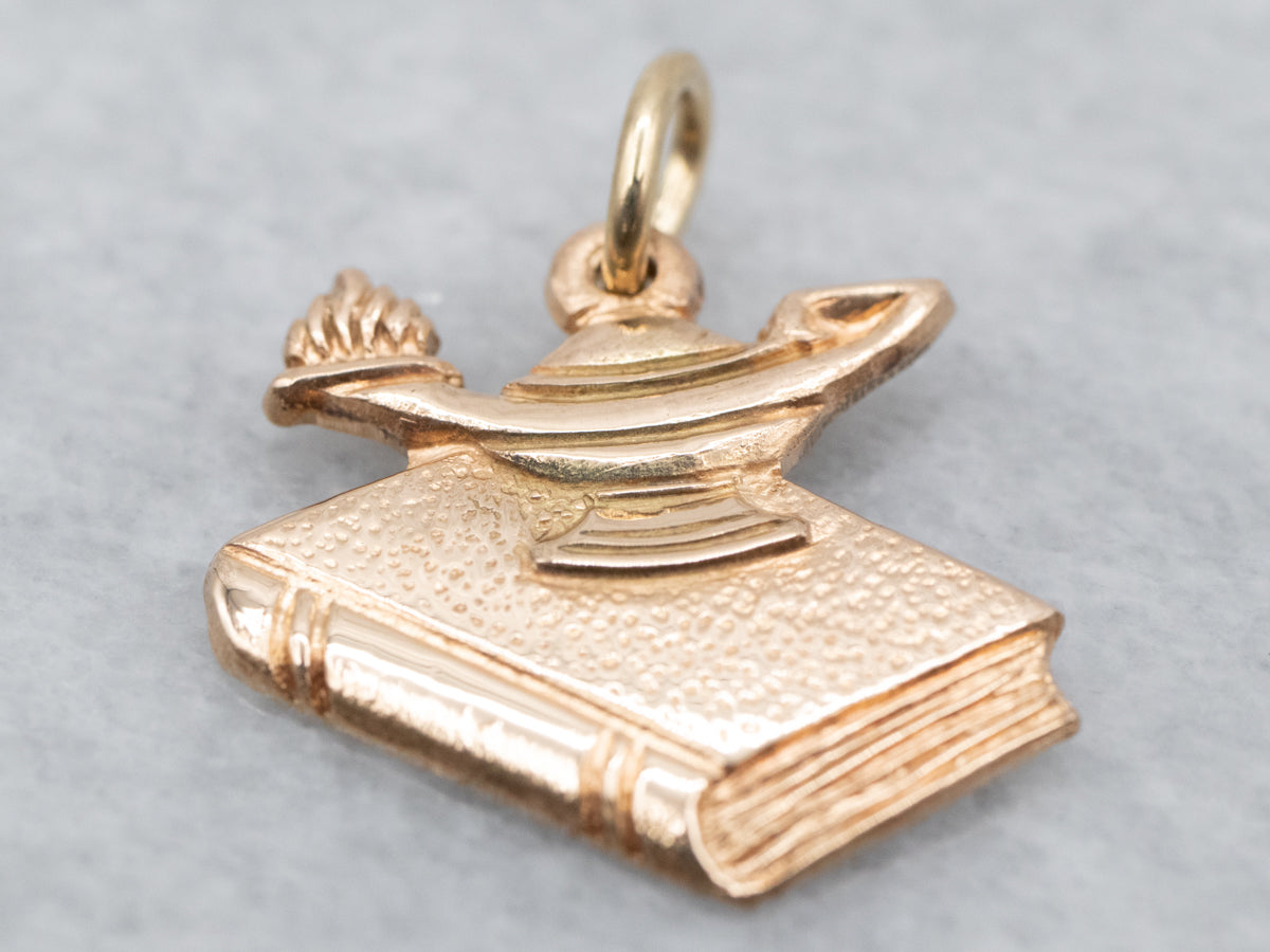 Vintage Oil Lamp and Book Charm Pendant