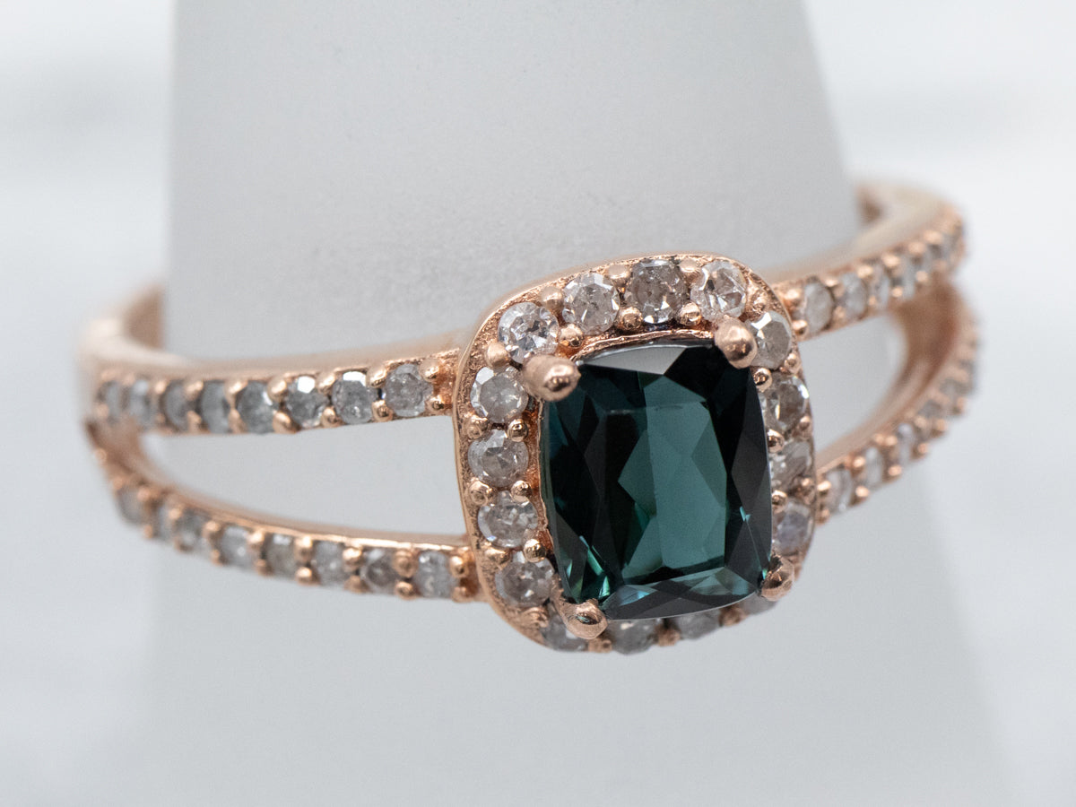 Rose Gold Indicolite Tourmaline and Diamond Halo Ring