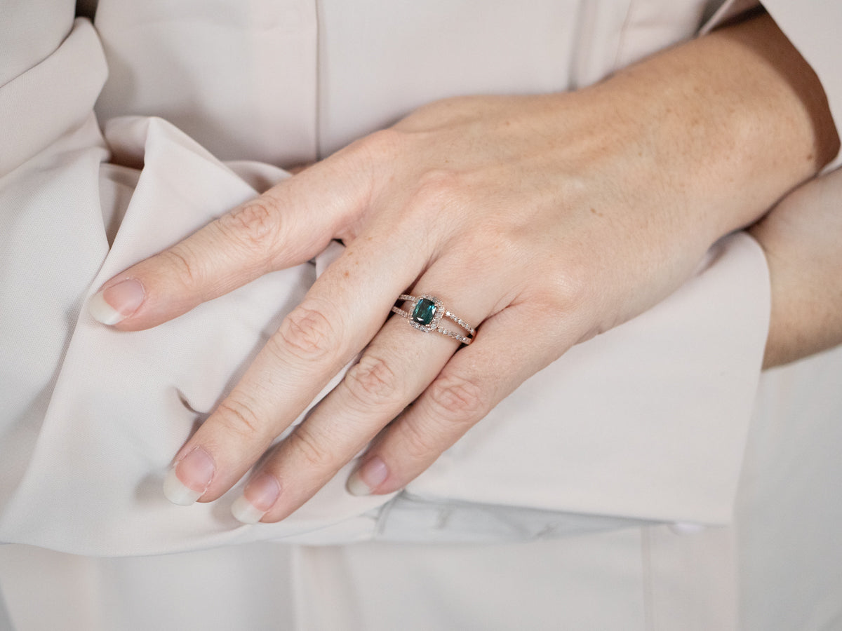 Rose Gold Indicolite Tourmaline and Diamond Halo Ring