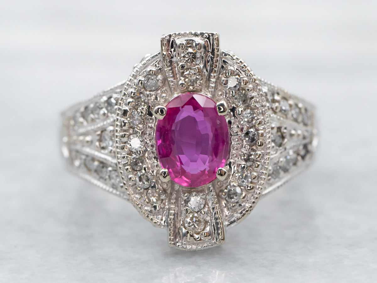 Modern Pink Sapphire and Diamond Halo Ring