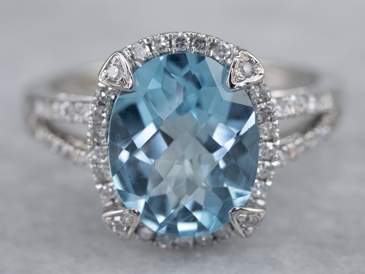 White Gold Blue Topaz Diamond Halo Ring