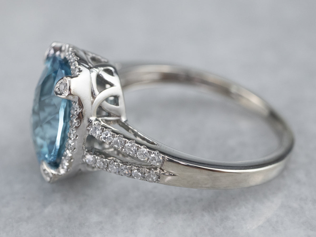 White Gold Blue Topaz Diamond Halo Ring