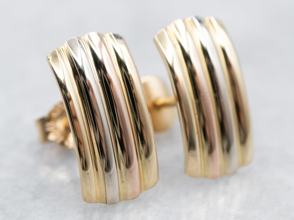 Tricolor 18 Karat Gold Ribbed Stud Earrings