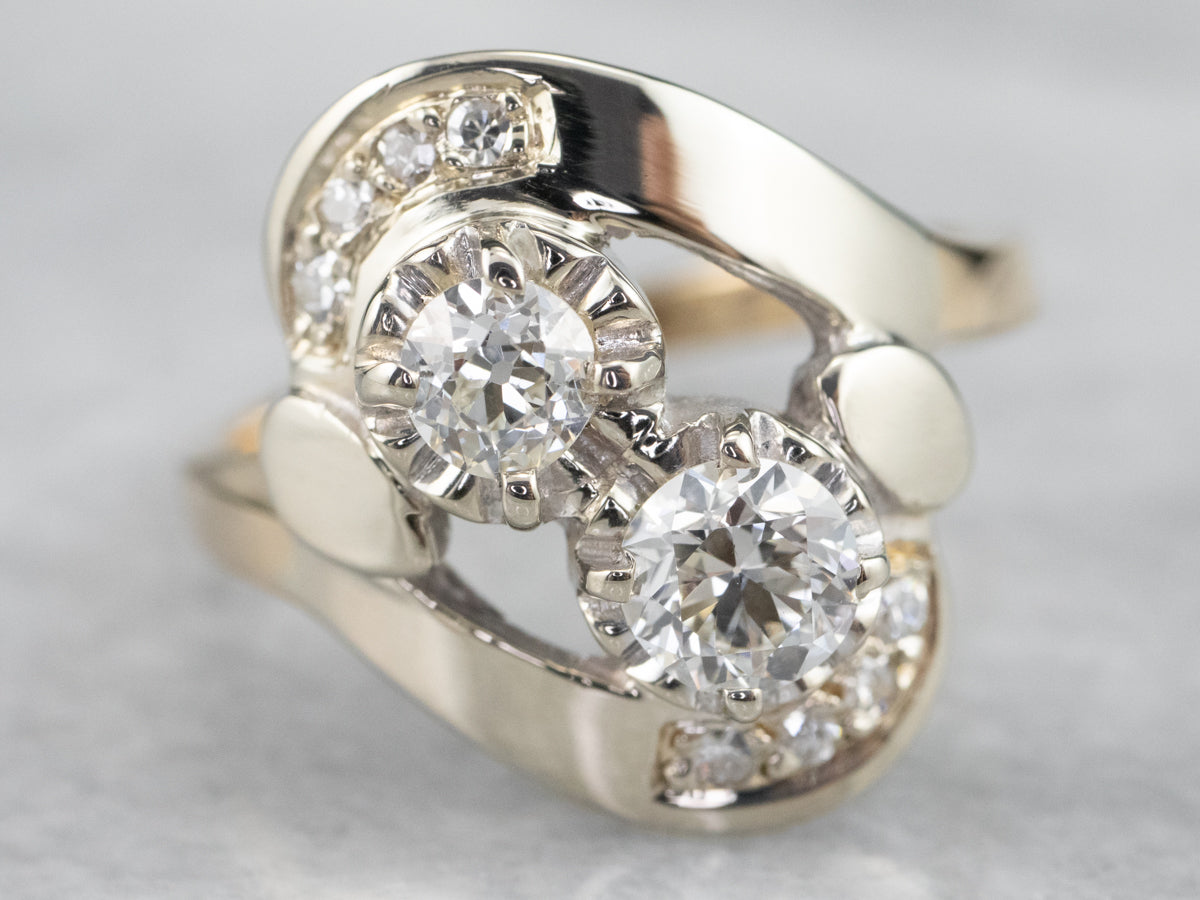 Retro Old European and Old Mine Cut Diamond Bypass Ring