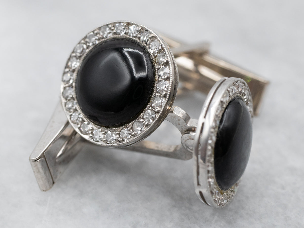 Vintage Black Onyx and Diamond Halo Cufflinks