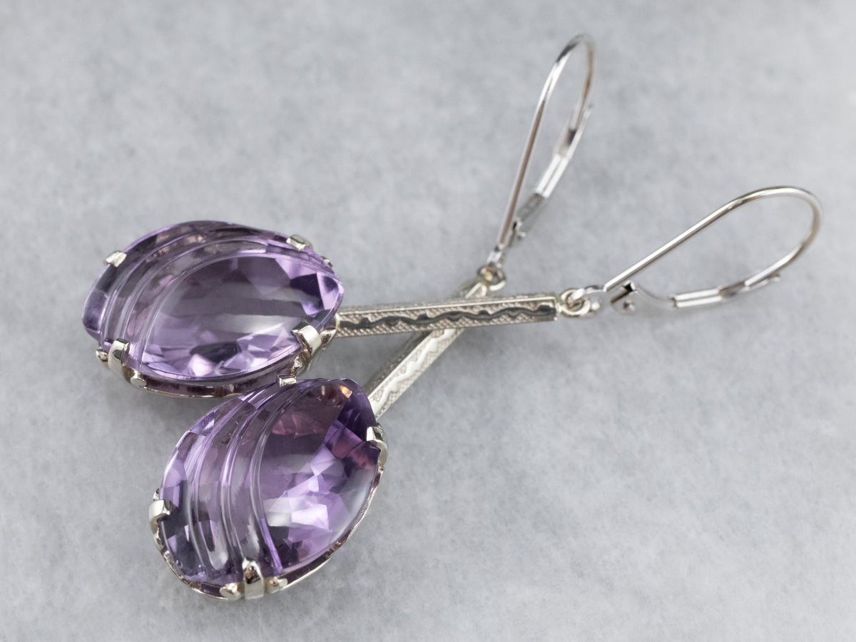 Engraved Bar Drop White Gold Amethyst Earrings