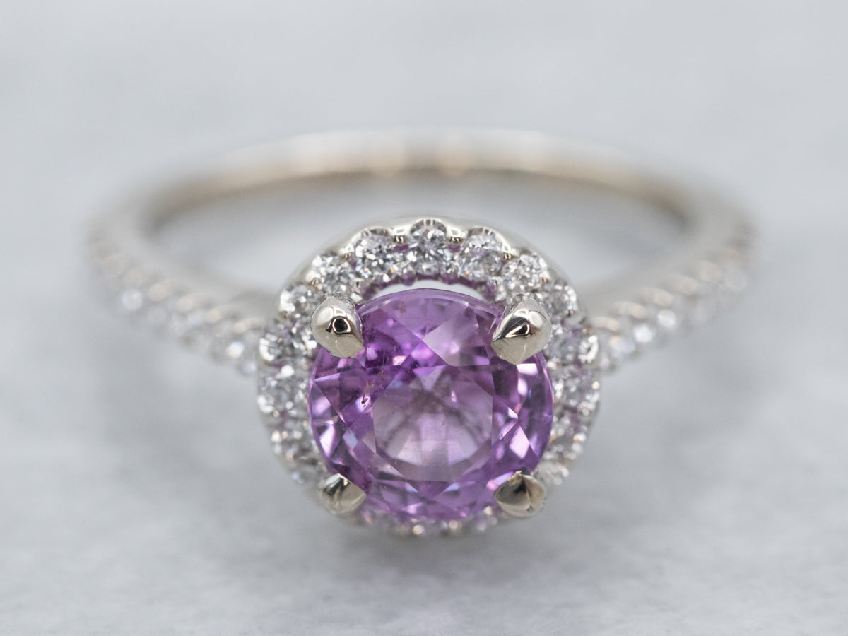 White Gold Pink Sapphire Halo Engagement Ring