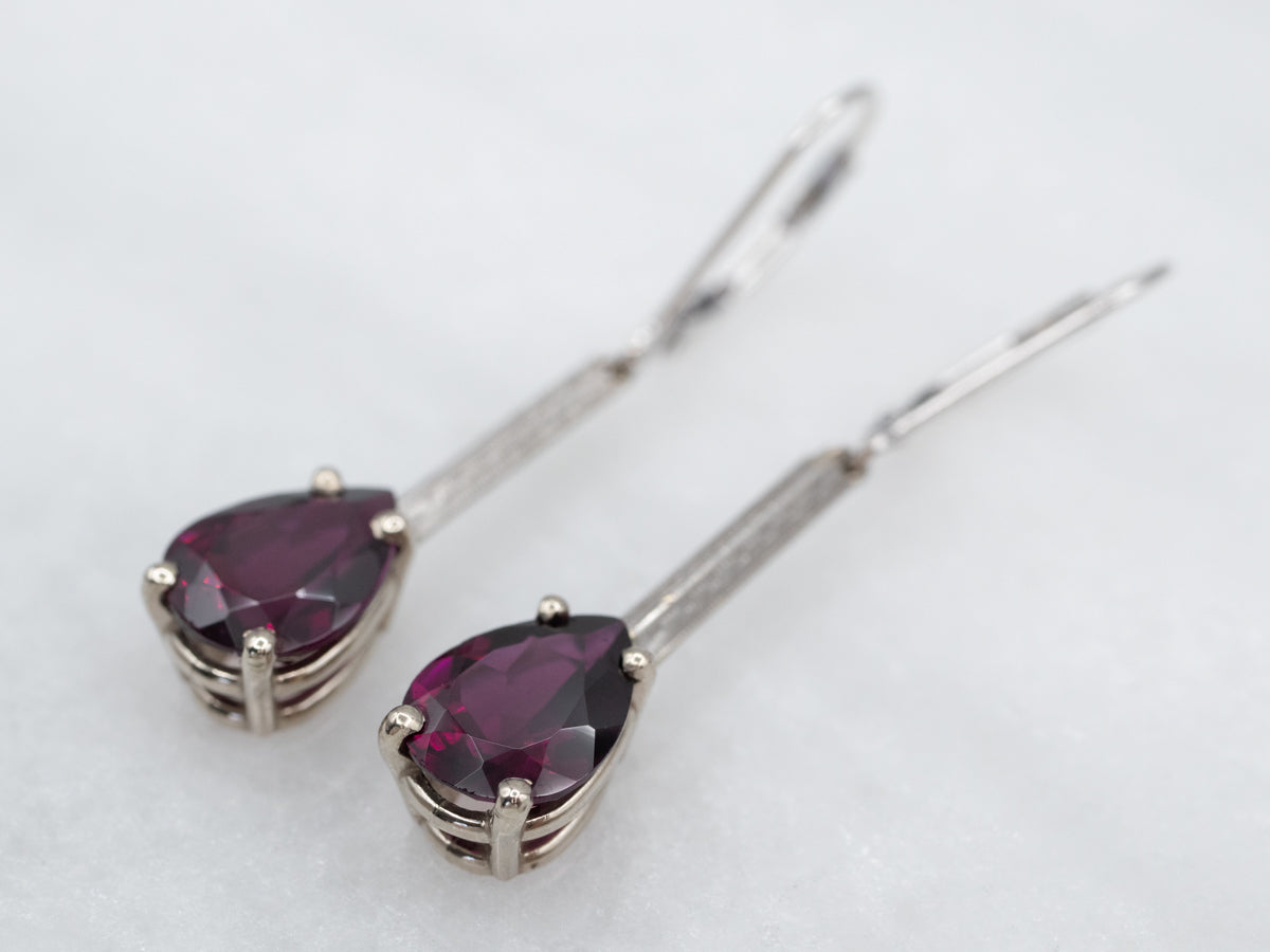 Teardrop Rhodolite Garnet Etched Bar Drop Earrings