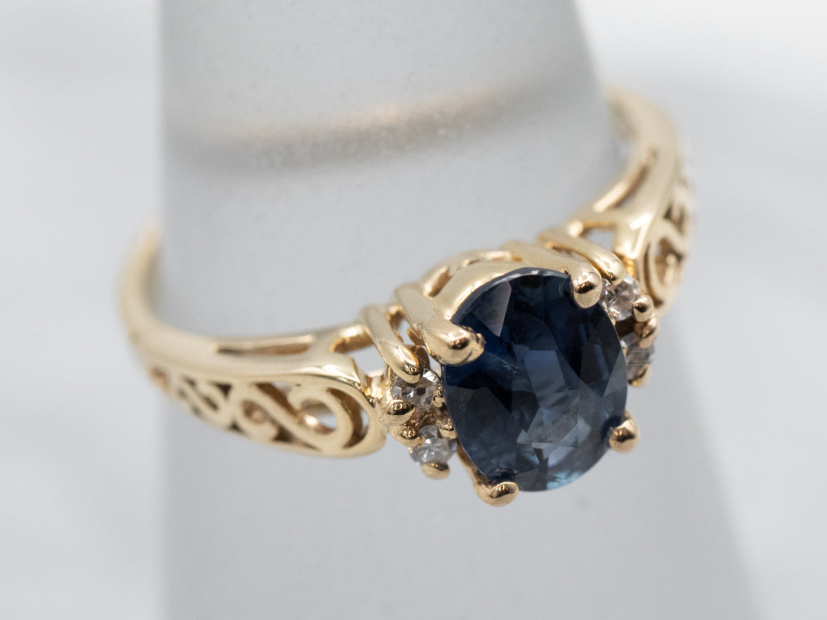 Gold Filigree Sapphire and Diamond Ring