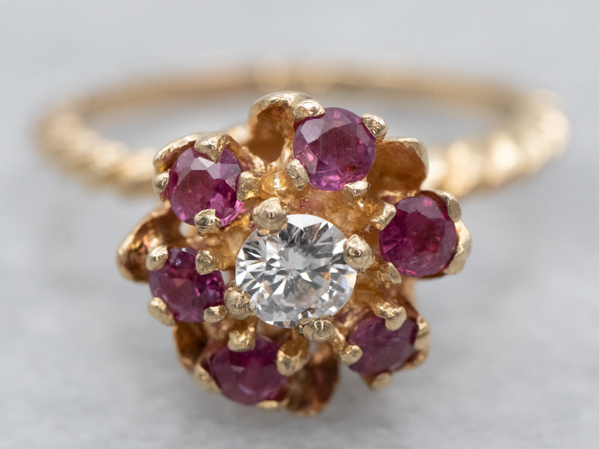 Gold Diamond and Ruby Flower Ring