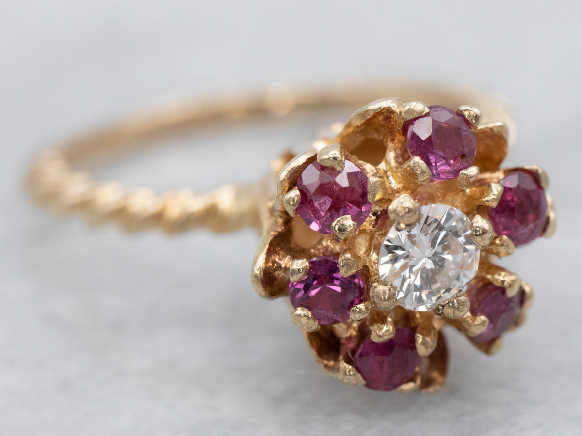 Gold Diamond and Ruby Flower Ring