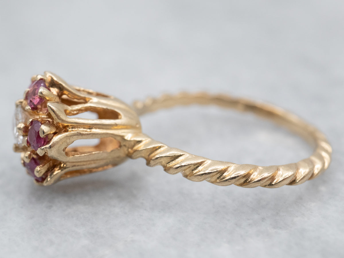 Gold Diamond and Ruby Flower Ring