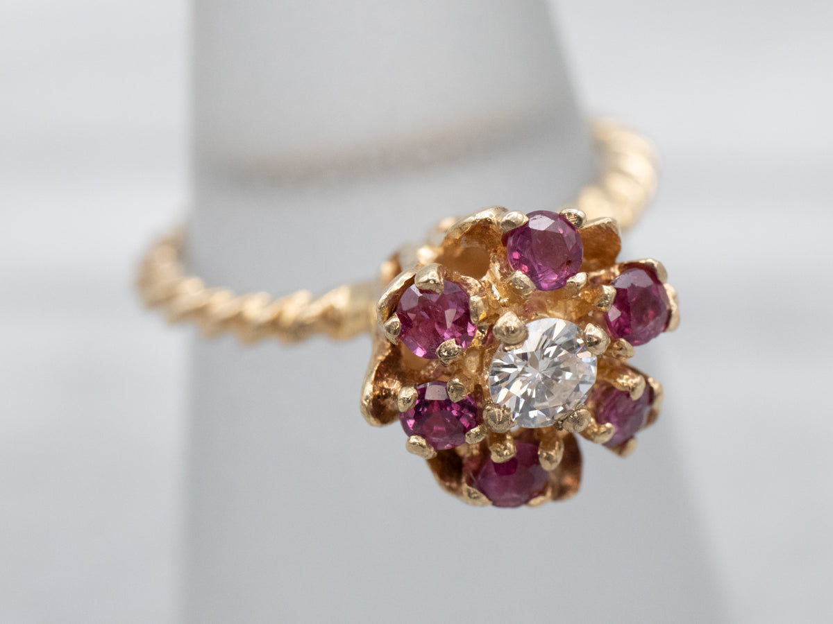 Gold Diamond and Ruby Flower Ring