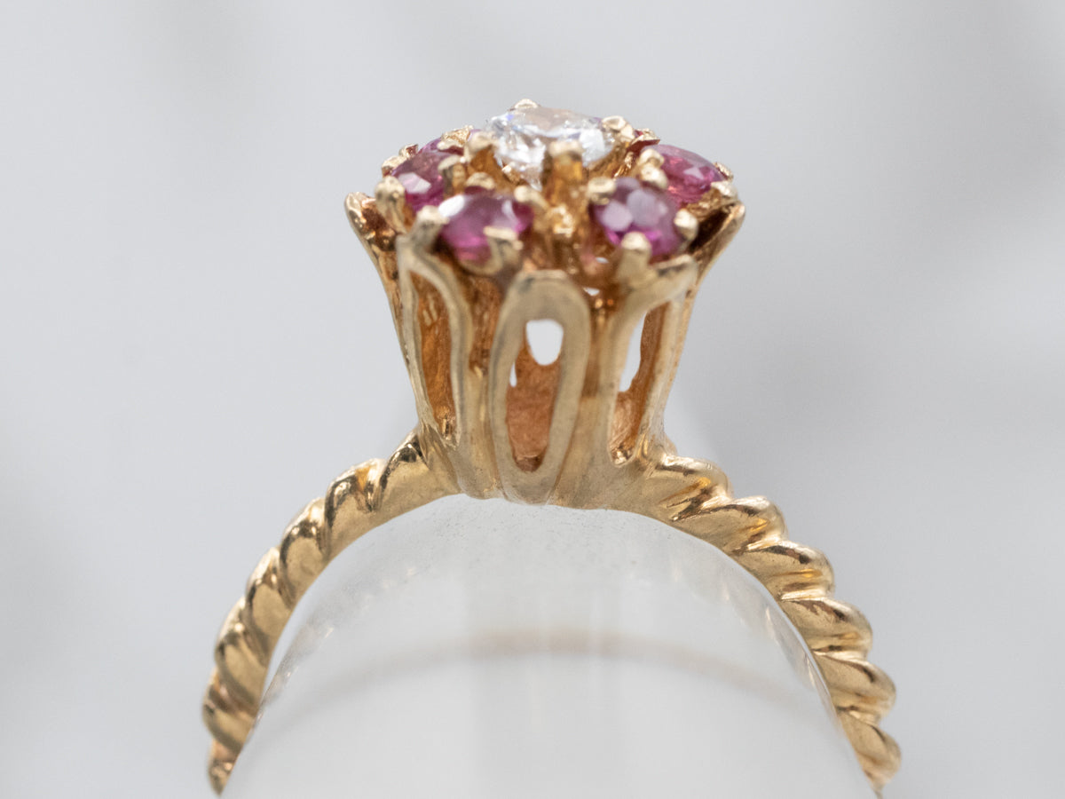 Gold Diamond and Ruby Flower Ring