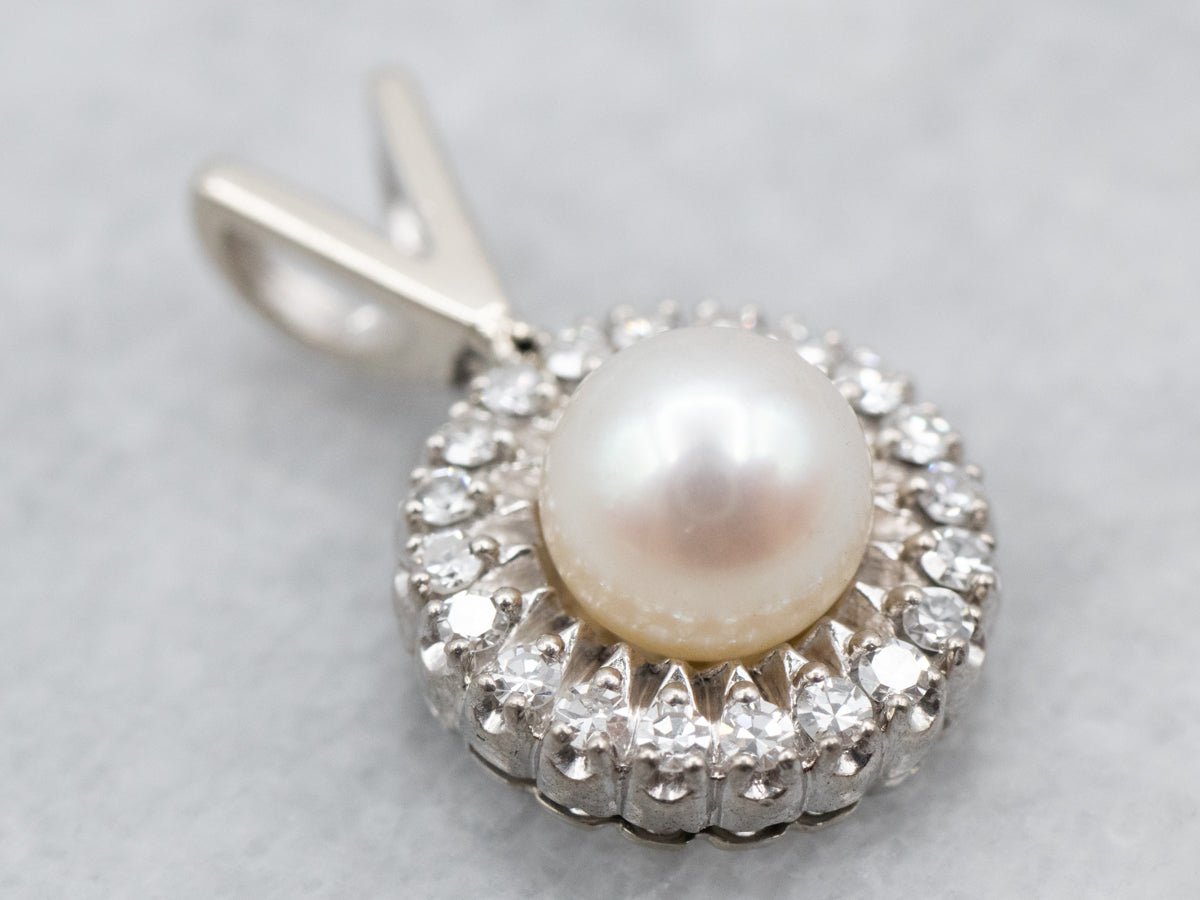 White Gold Pearl and Diamond Halo Pendant