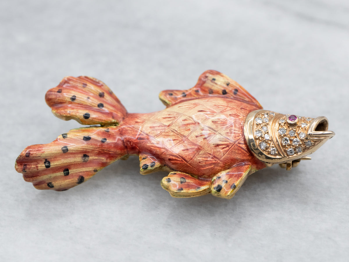 Goldfish Diamond Ruby and Enamel Brooch