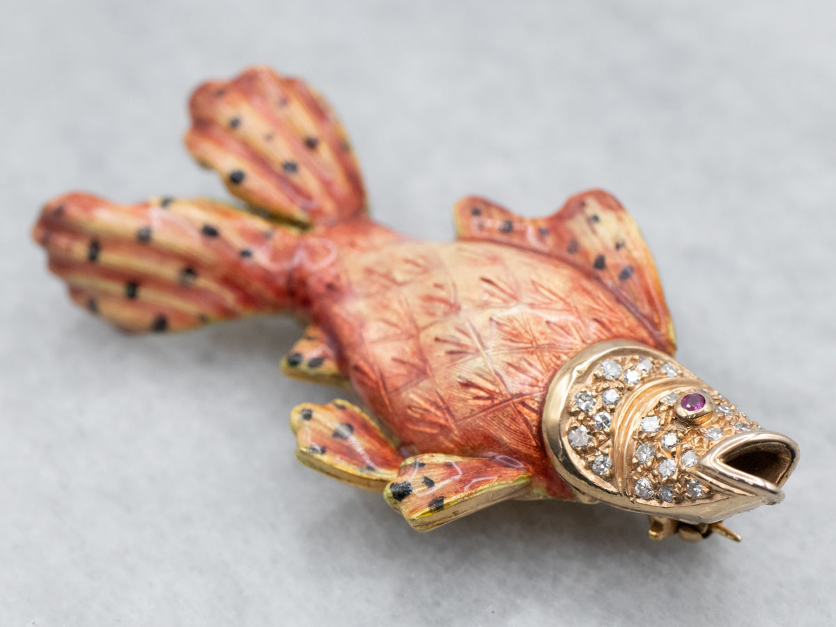 Goldfish Diamond Ruby and Enamel Brooch