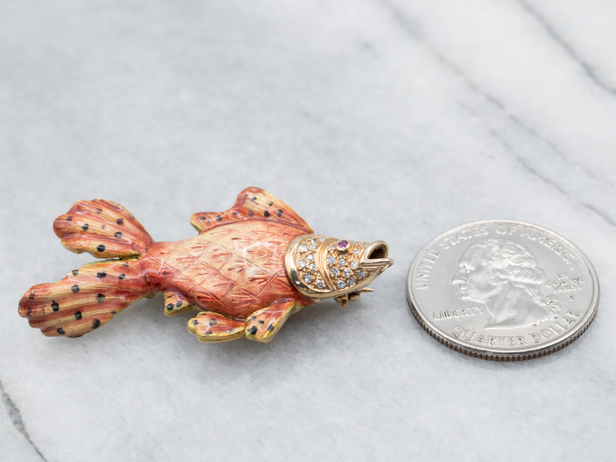 Goldfish Diamond Ruby and Enamel Brooch