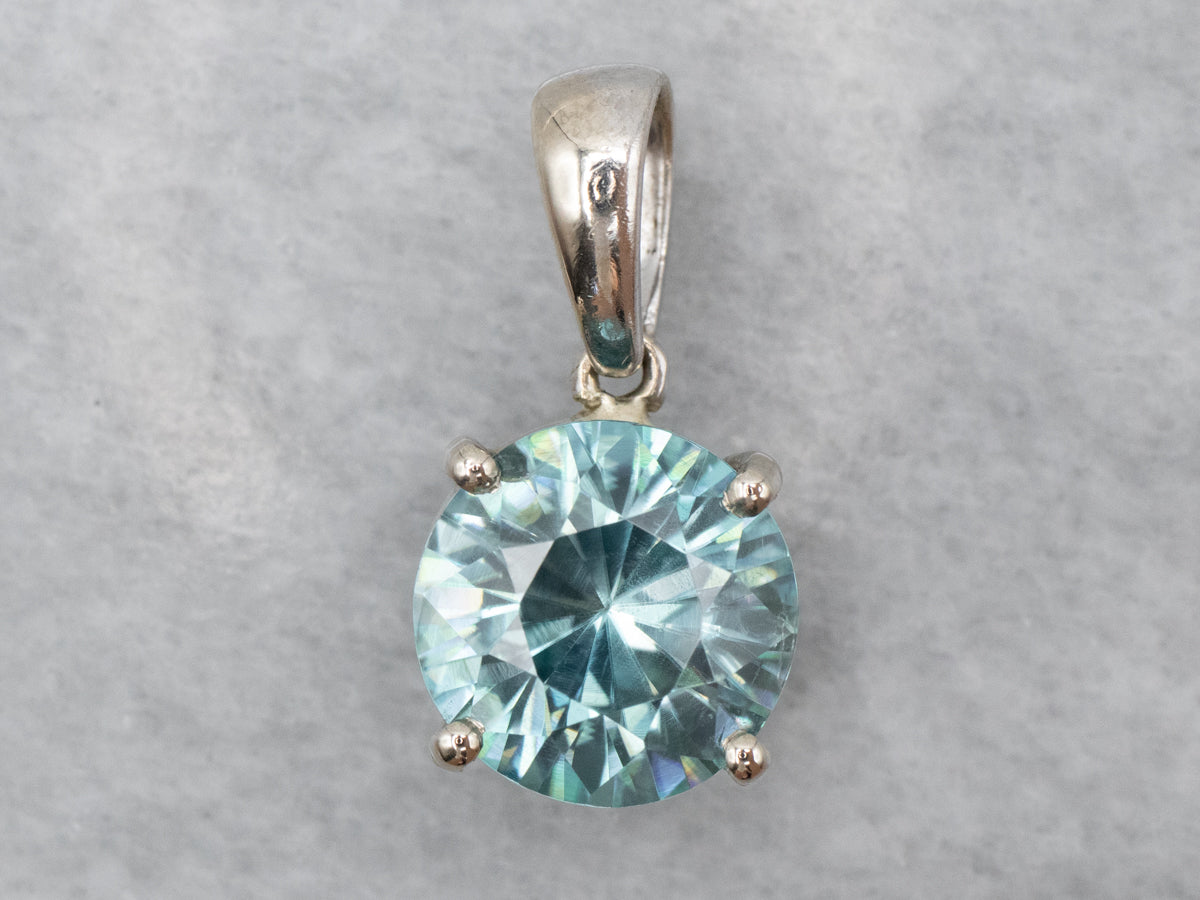 Simple Blue Zircon Solitaire Pendant in 14K White Gold