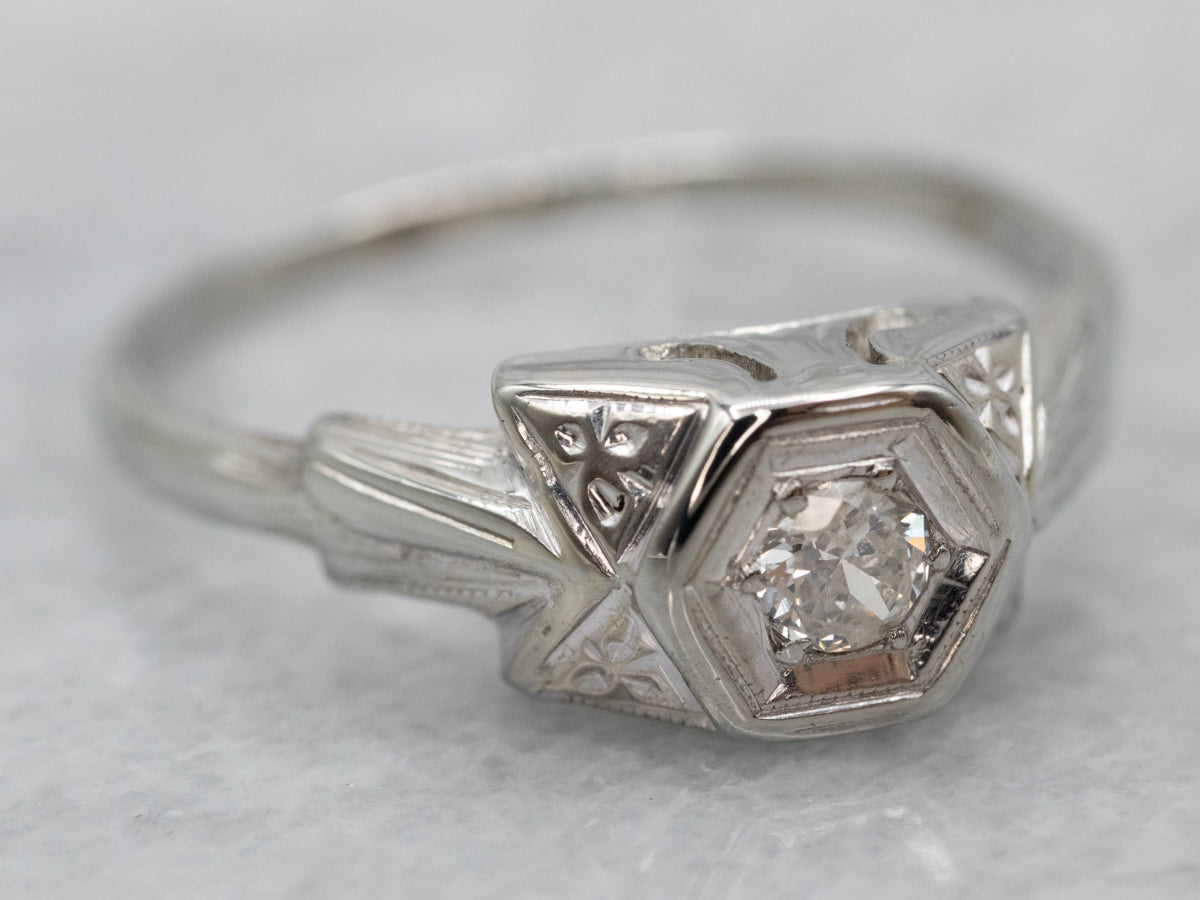 Floral Art Deco Old Mine Cut Diamond Engagement Ring