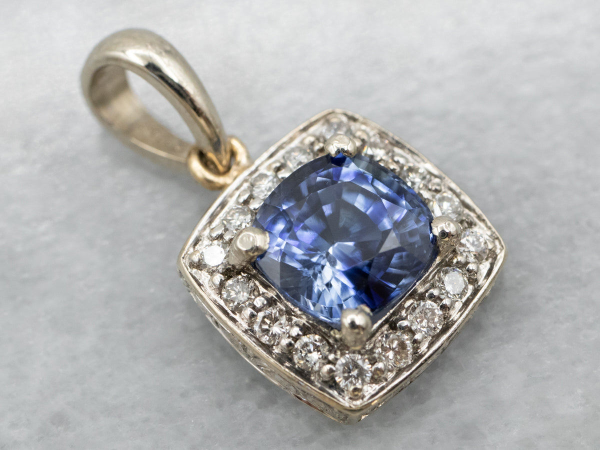 White Gold Sapphire and Diamond Halo Pendant