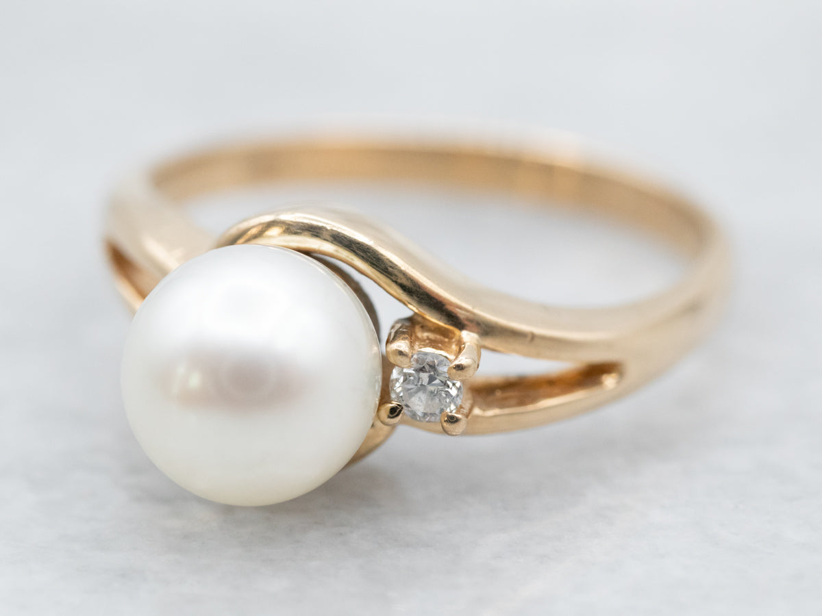 Modernist Gold Pearl and Diamond Ring